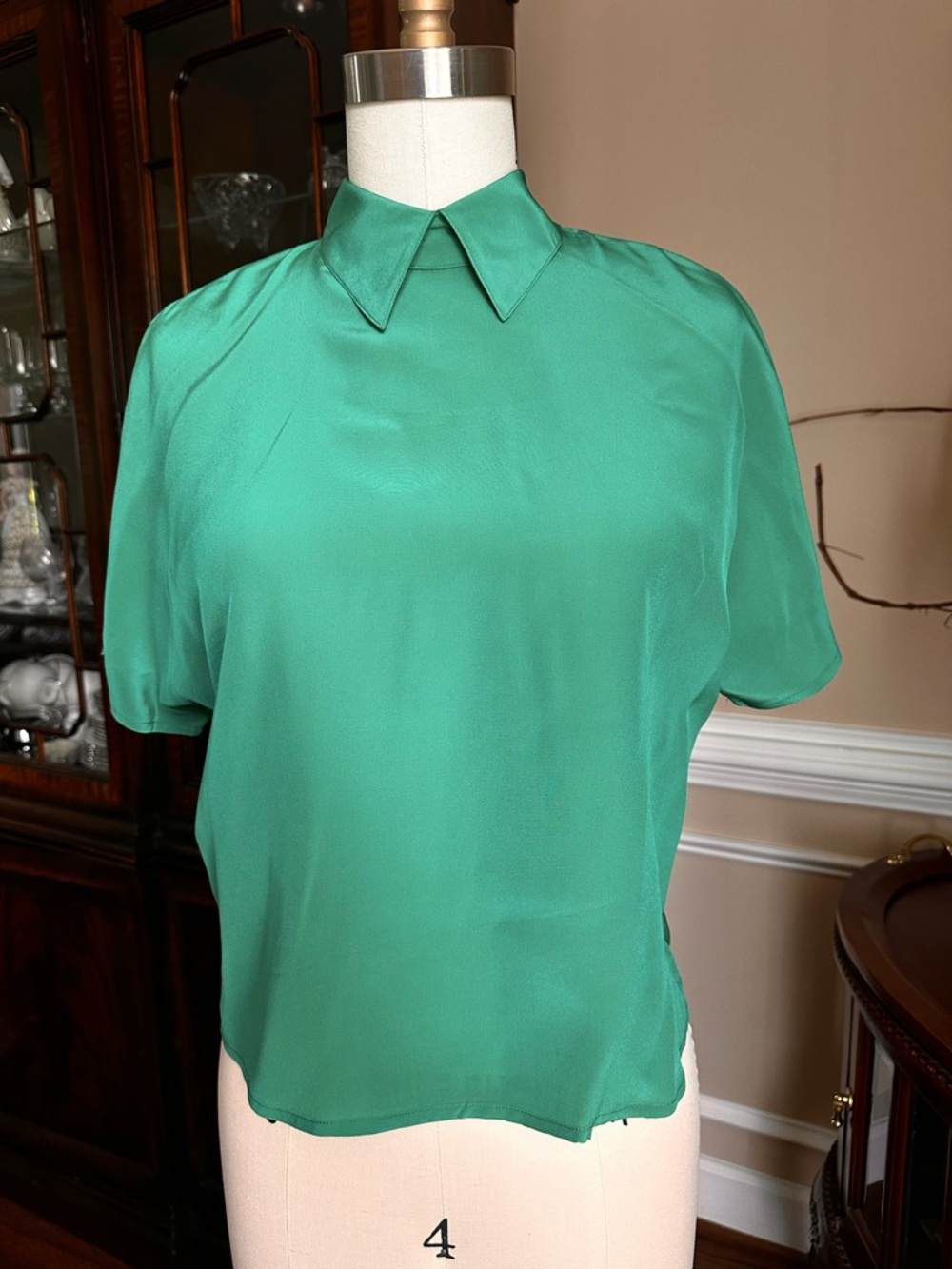 Vintage 100% Silk Michelle Stuart Green Collared Short-Sleeve Women's Top